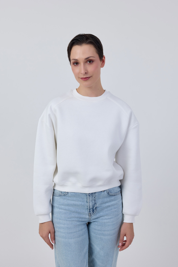 Bisiklet Yaka Basic Sweatshirt Beyaz