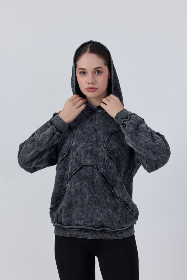 Dikiş Detaylı Yıkamalı Hoodie - 5