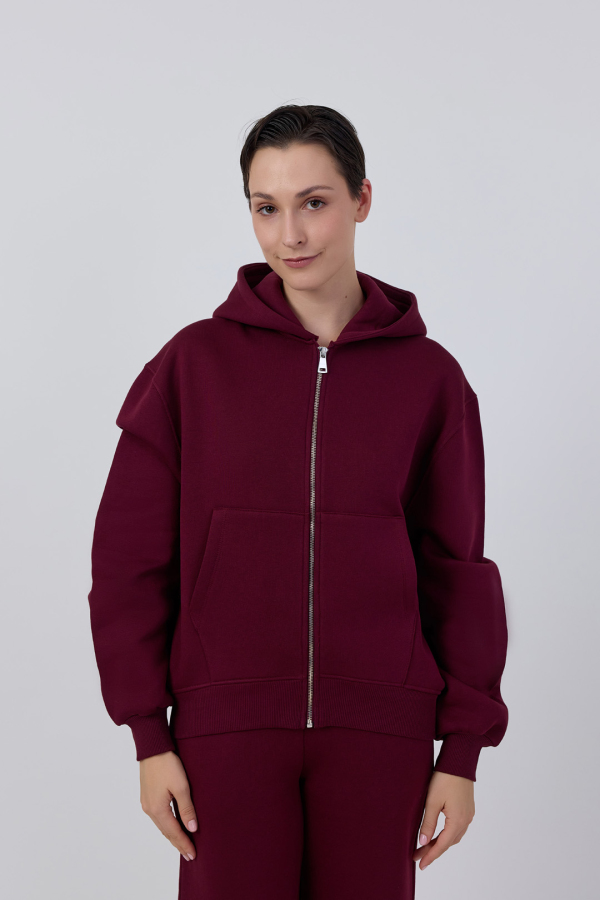 Fermuarlı Basic Ziphoodie Bordo