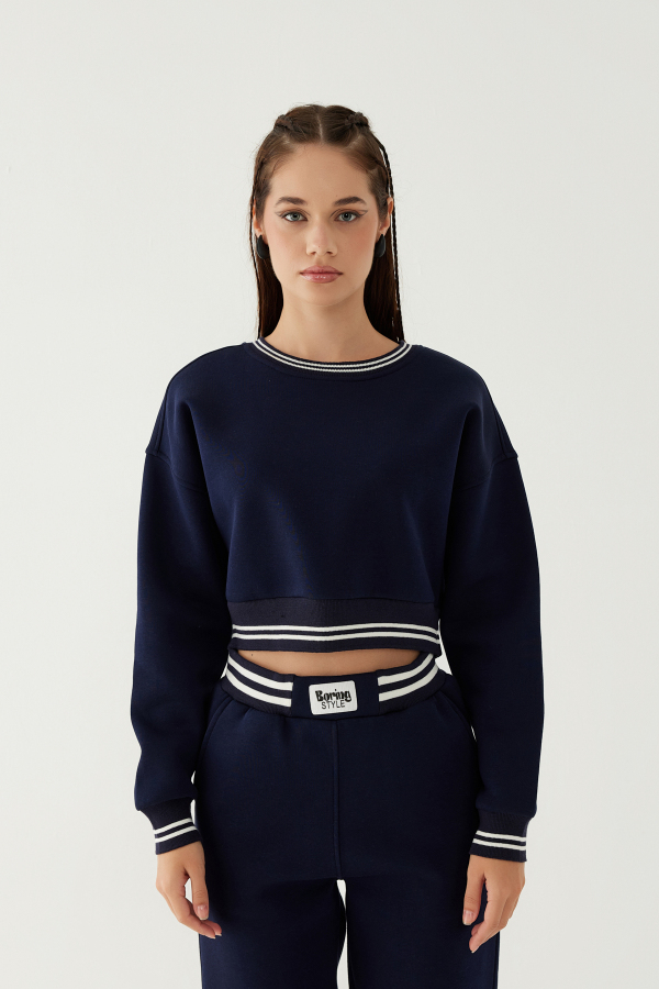 Kadın Şardonlu Crop Sweatshirt Lacivert