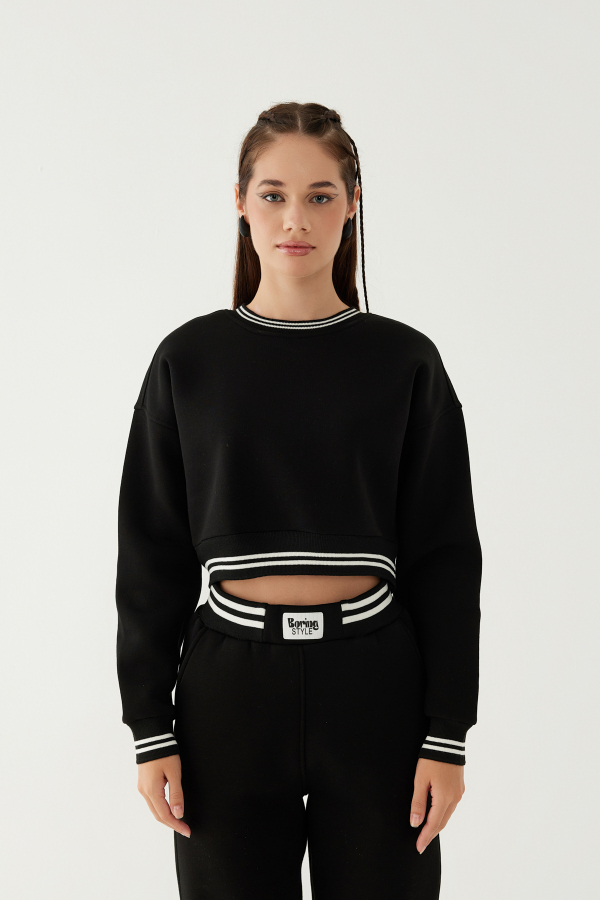 Kadın Şardonlu Crop Sweatshirt Siyah