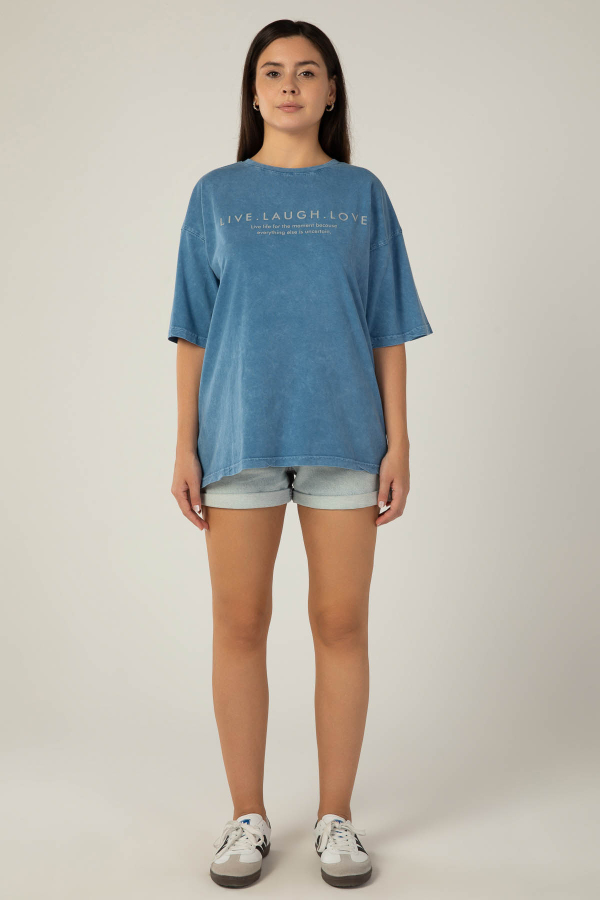 Kadın Yıkamalı T-Shirt Mavi