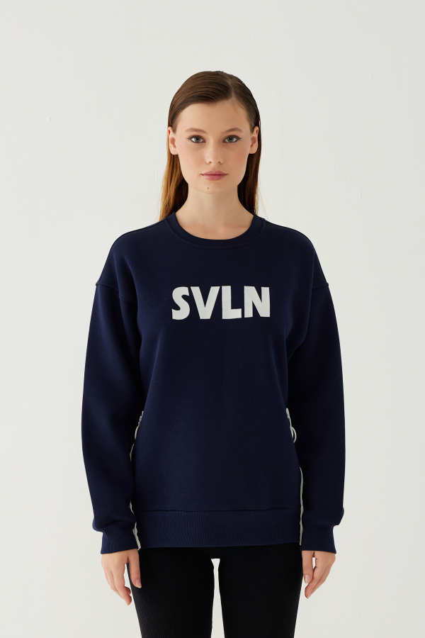 SVLN Baskılı Kadın Sweatshirt Lacivert