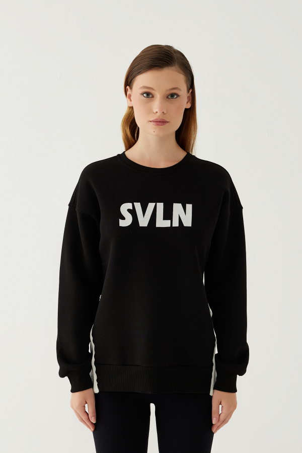 SVLN Baskılı Kadın Sweatshirt Siyah