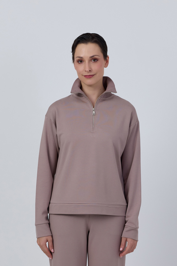 Yaka Fermuar Detaylı Sweatshirt Vizon